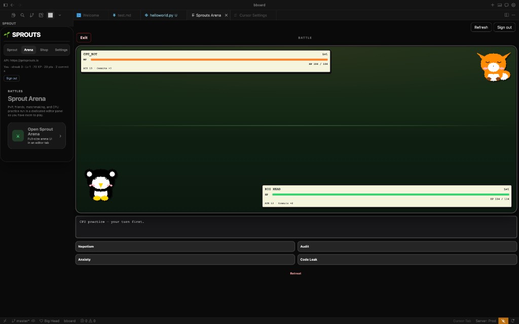 Sprout Arena in an editor tab: CPU practice battle with moves and HP