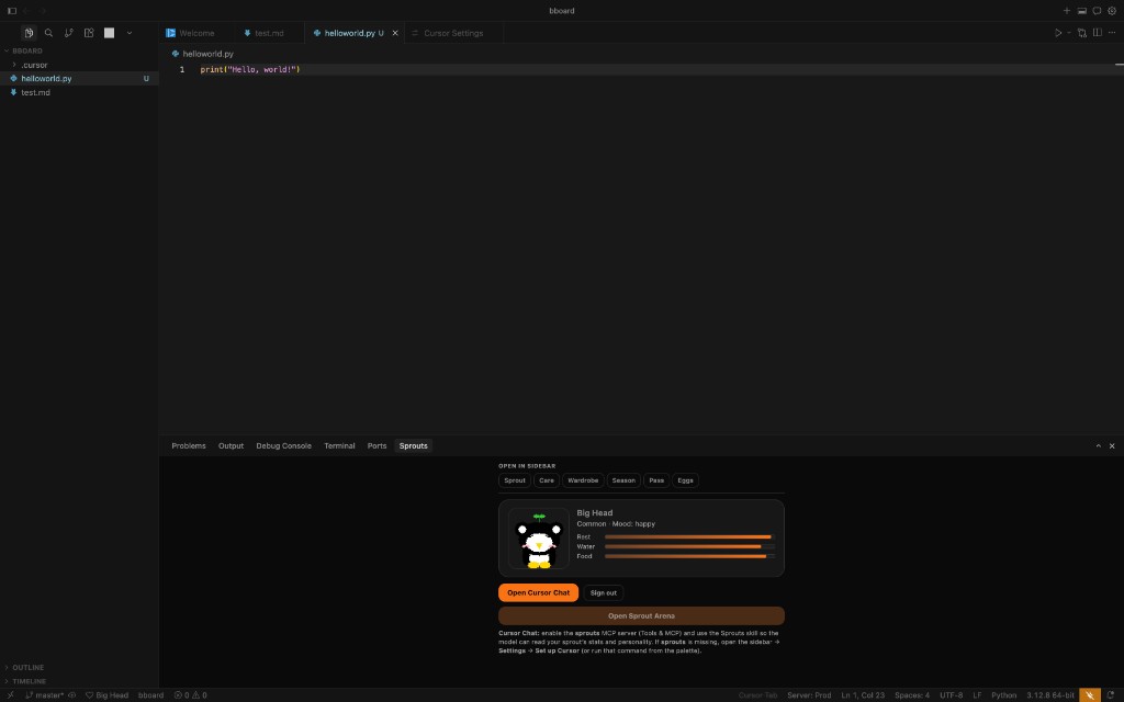 Sprouts bottom panel: pixel sprout, needs bars, Open Cursor Chat, sidebar shortcuts