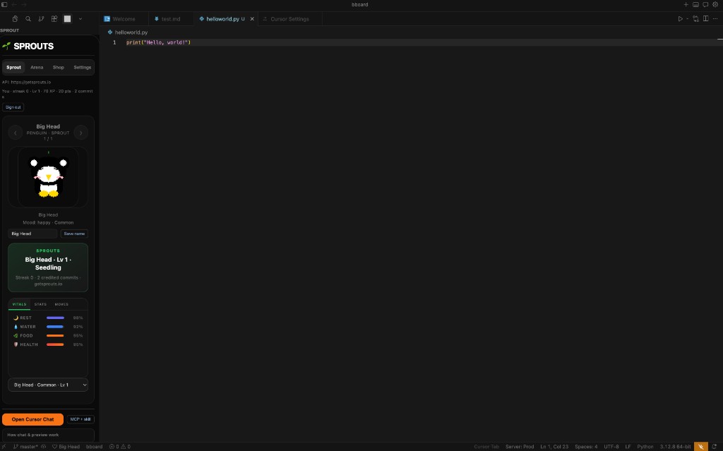 Sprouts sidebar in Cursor: sprout carousel, pixel preview, Vitals Stats Moves, Shop tabs